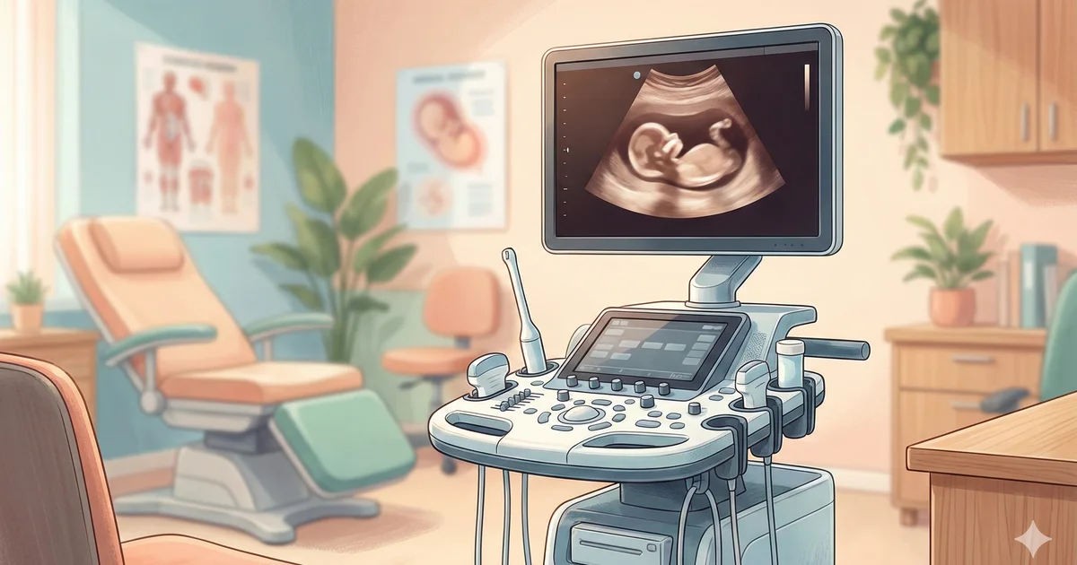 Salle de consultation gynécologique avec échographe affichant une image fœtale