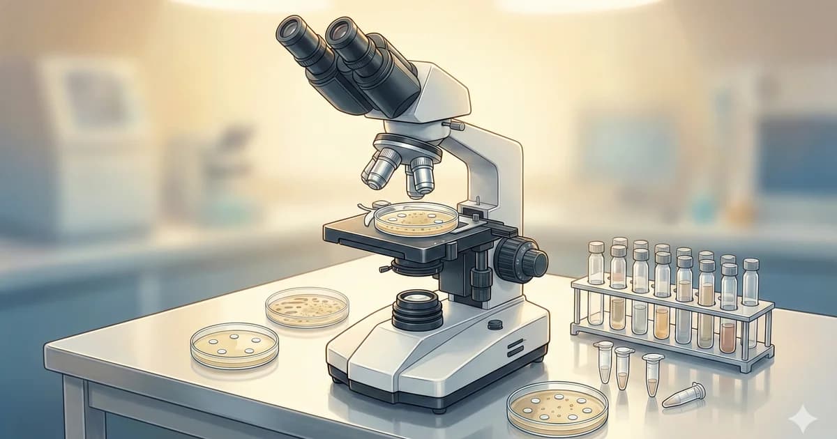 Microscope de laboratoire avec boîtes de Petri et disques d'antibiogramme