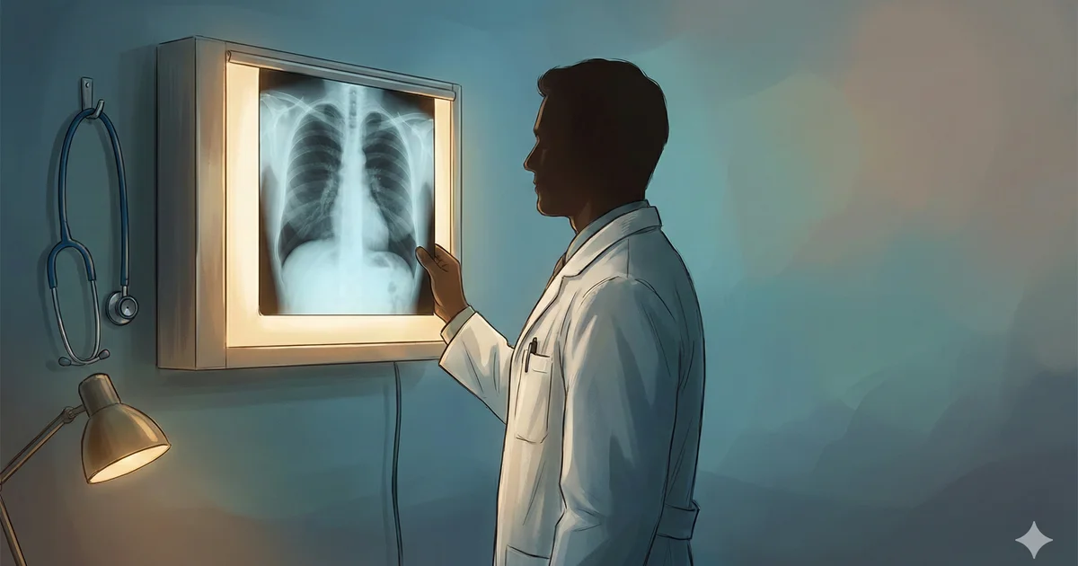 Radio thoracique sur négatoscope avec silhouette de médecin