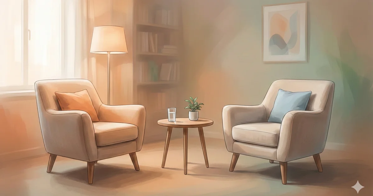 Salle de thérapie intime avec deux fauteuils face à face dans une ambiance chaleureuse