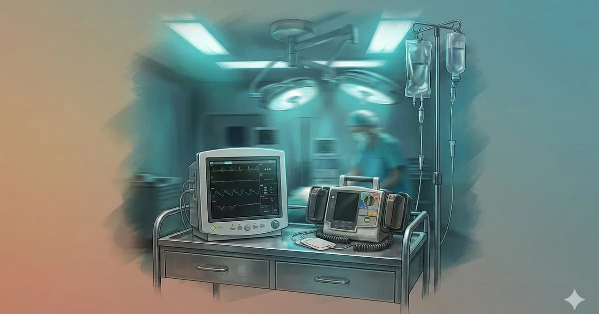 Salle d'urgences avec moniteur de signes vitaux et défibrillateur