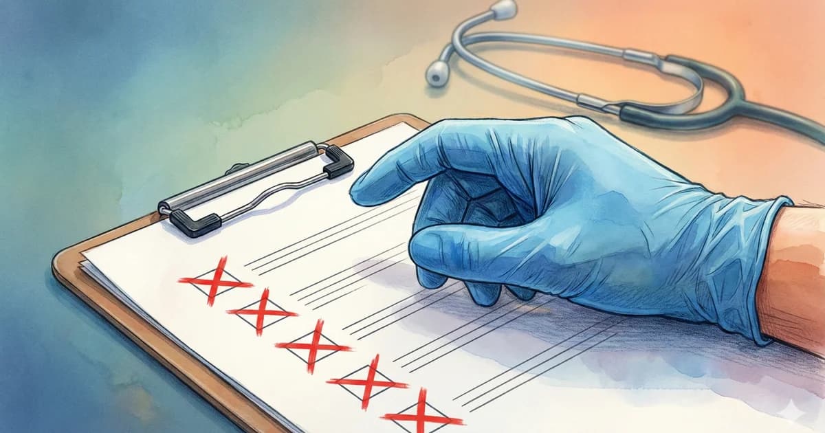 Clipboard médical avec croix rouges sur une checklist et stéthoscope en arrière-plan