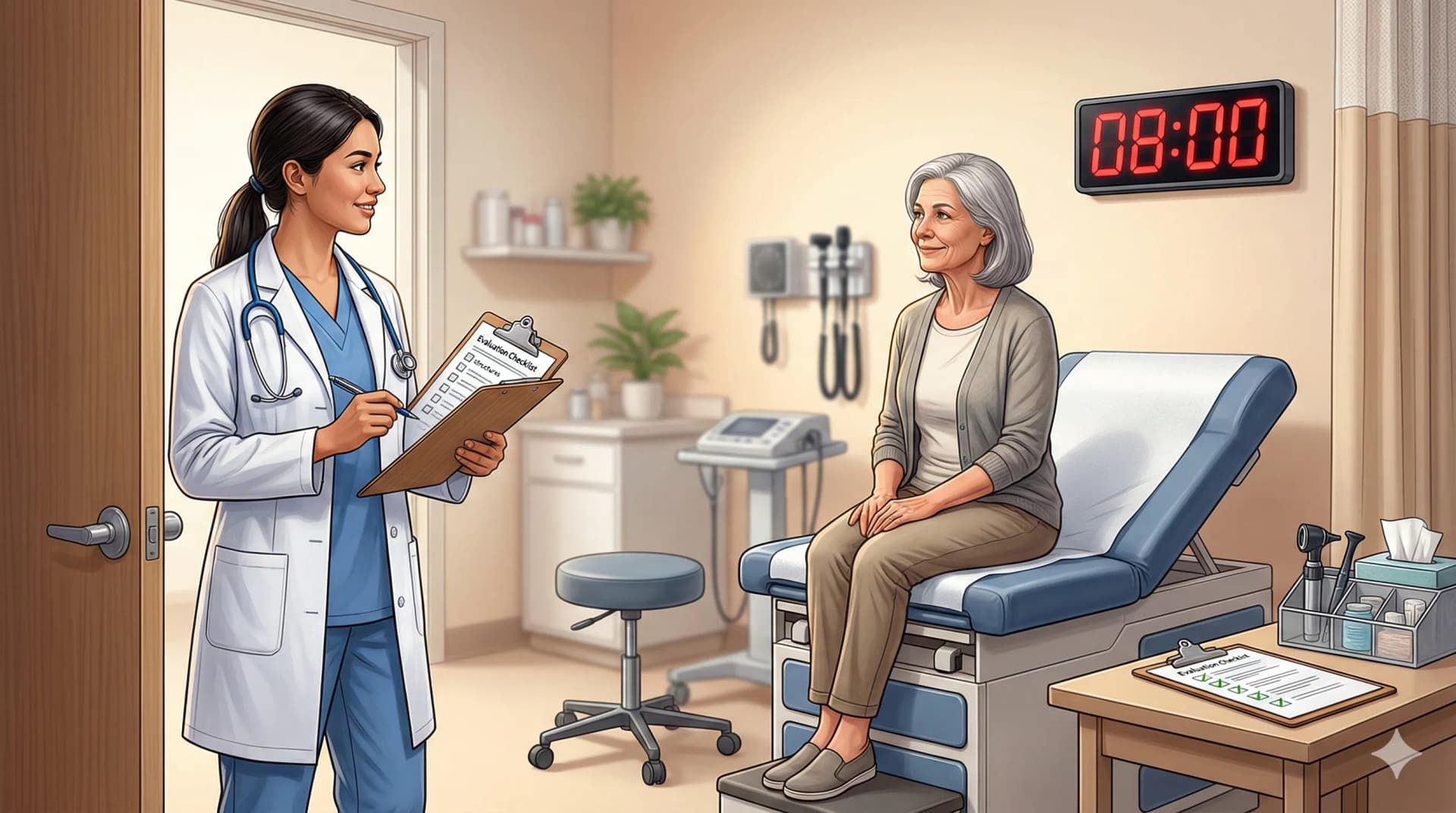 Étudiante en médecine entrant dans une salle d'examen clinique objectif et structuré avec une patiente simulée et un chronomètre de 8 minutes