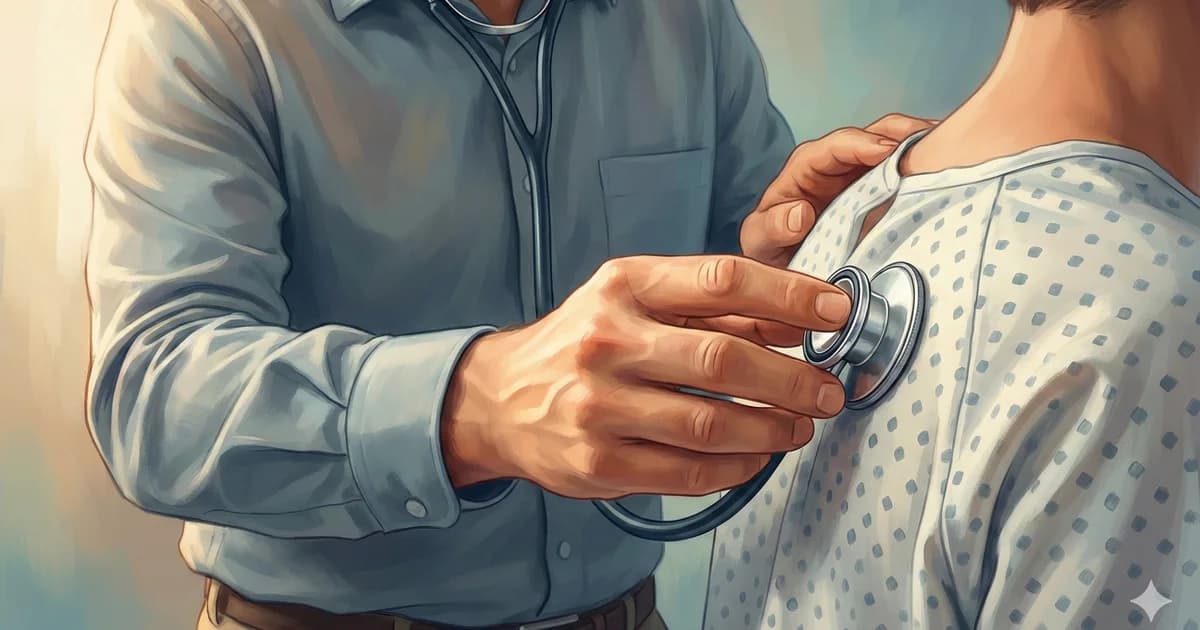 Mains de médecin réalisant un examen clinique avec stéthoscope sur le dos d'un patient