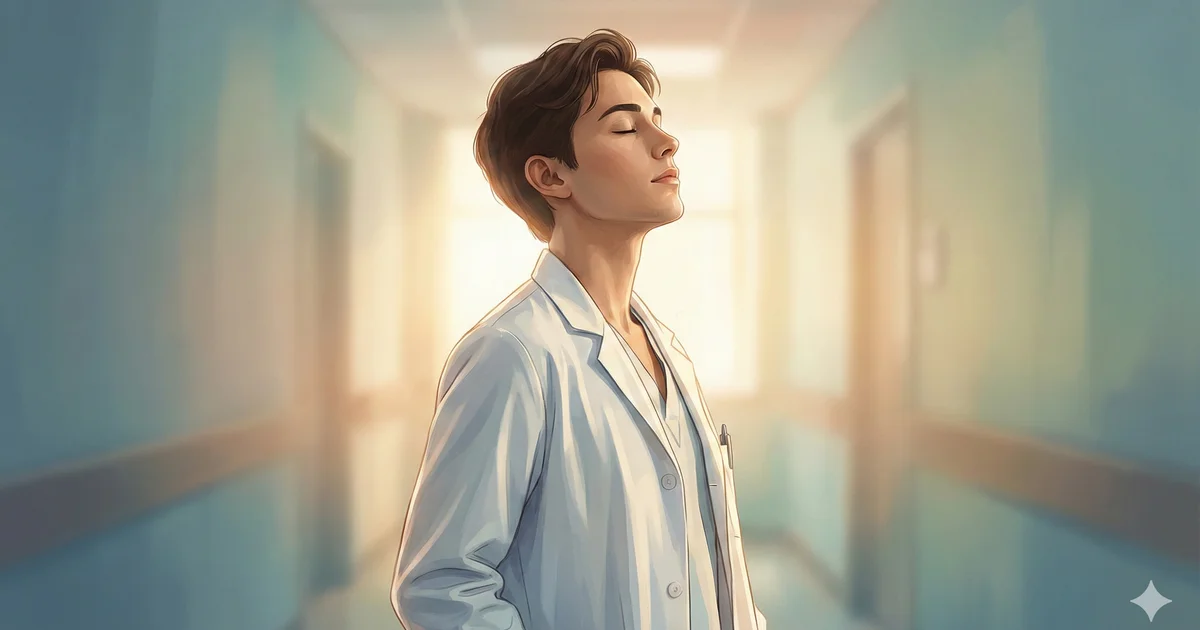 Étudiant en médecine respirant calmement dans un couloir d'hôpital