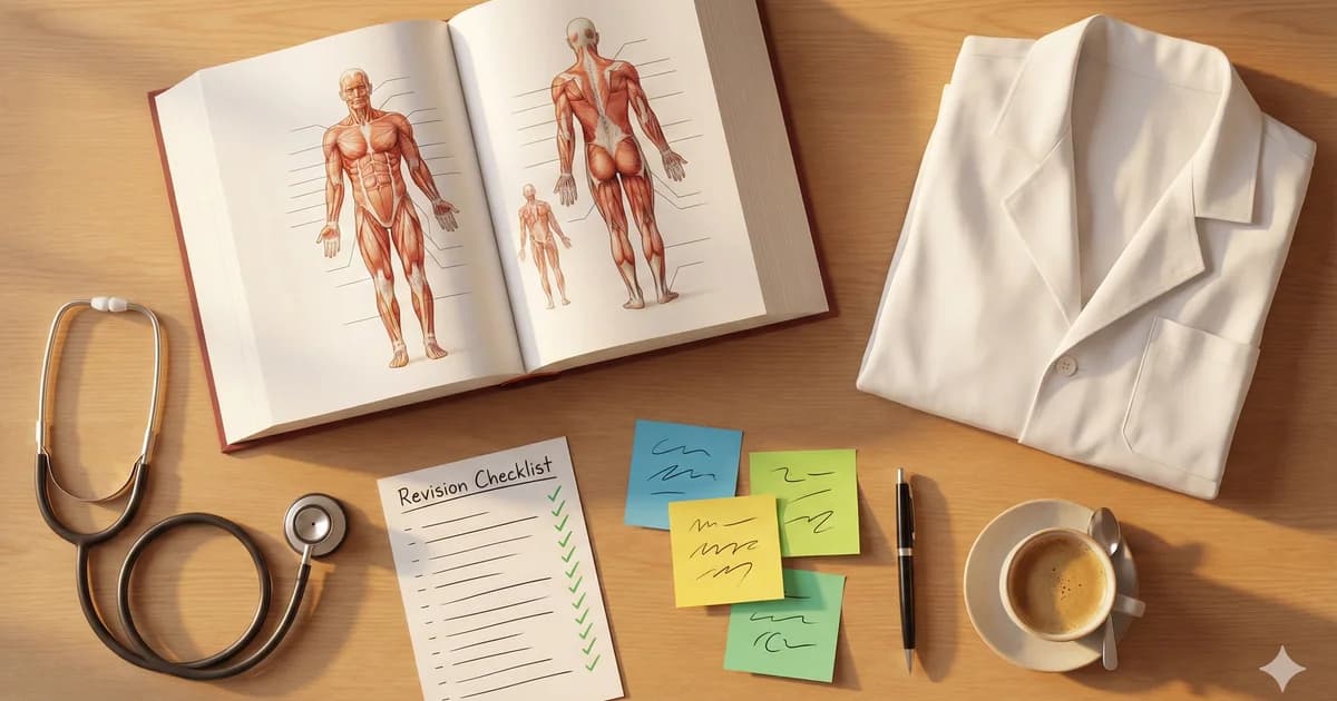 Bureau d'étudiant en médecine avec manuel d'anatomie ouvert, stéthoscope et checklist