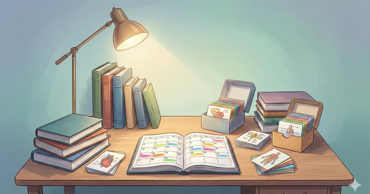 Espace de révision organisé avec flashcards colorées, planning et manuels médicaux
