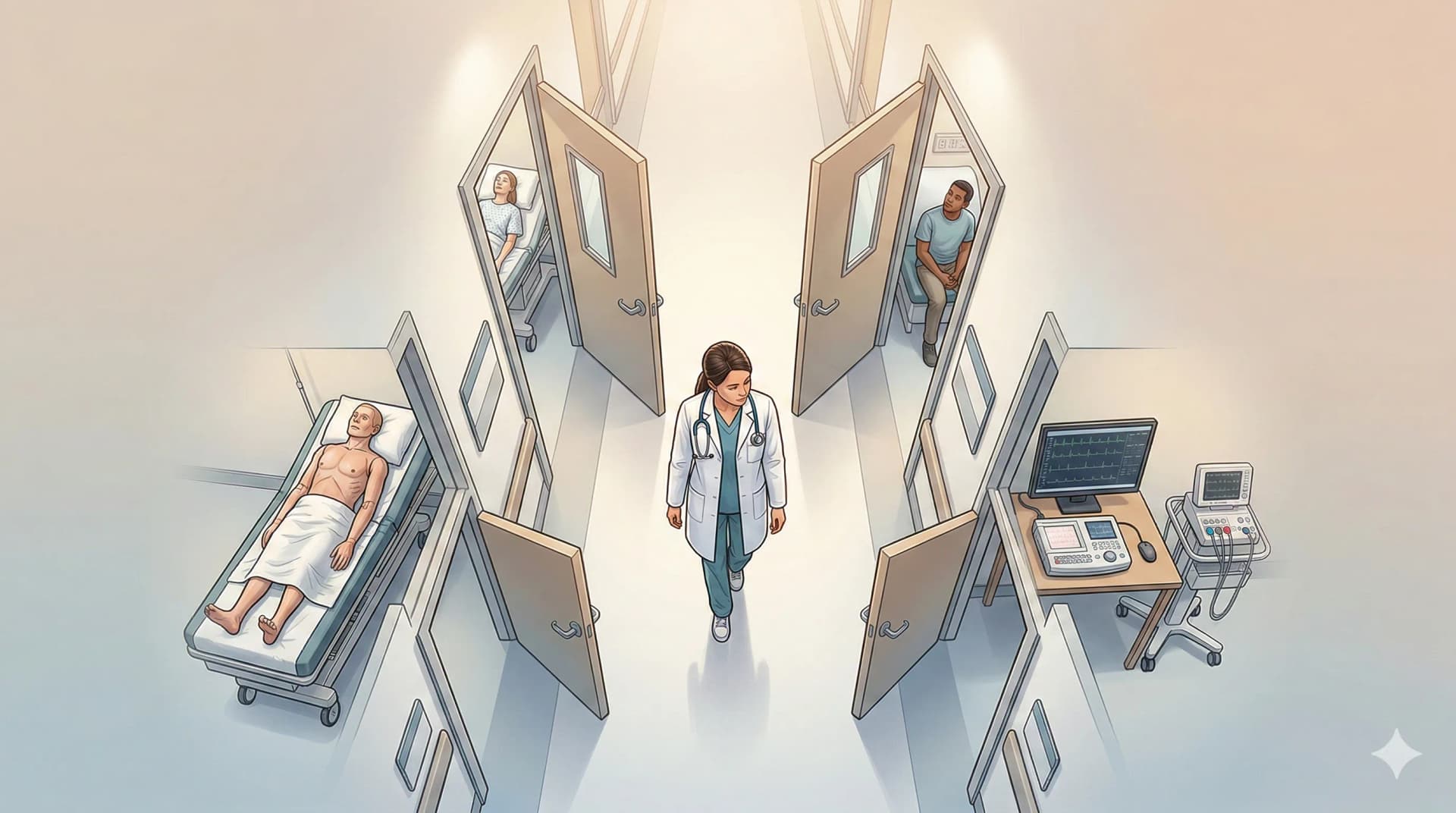 Centre de simulation médicale avec plusieurs stations ECOS ouvertes montrant différents scénarios cliniques et une étudiante en blouse blanche